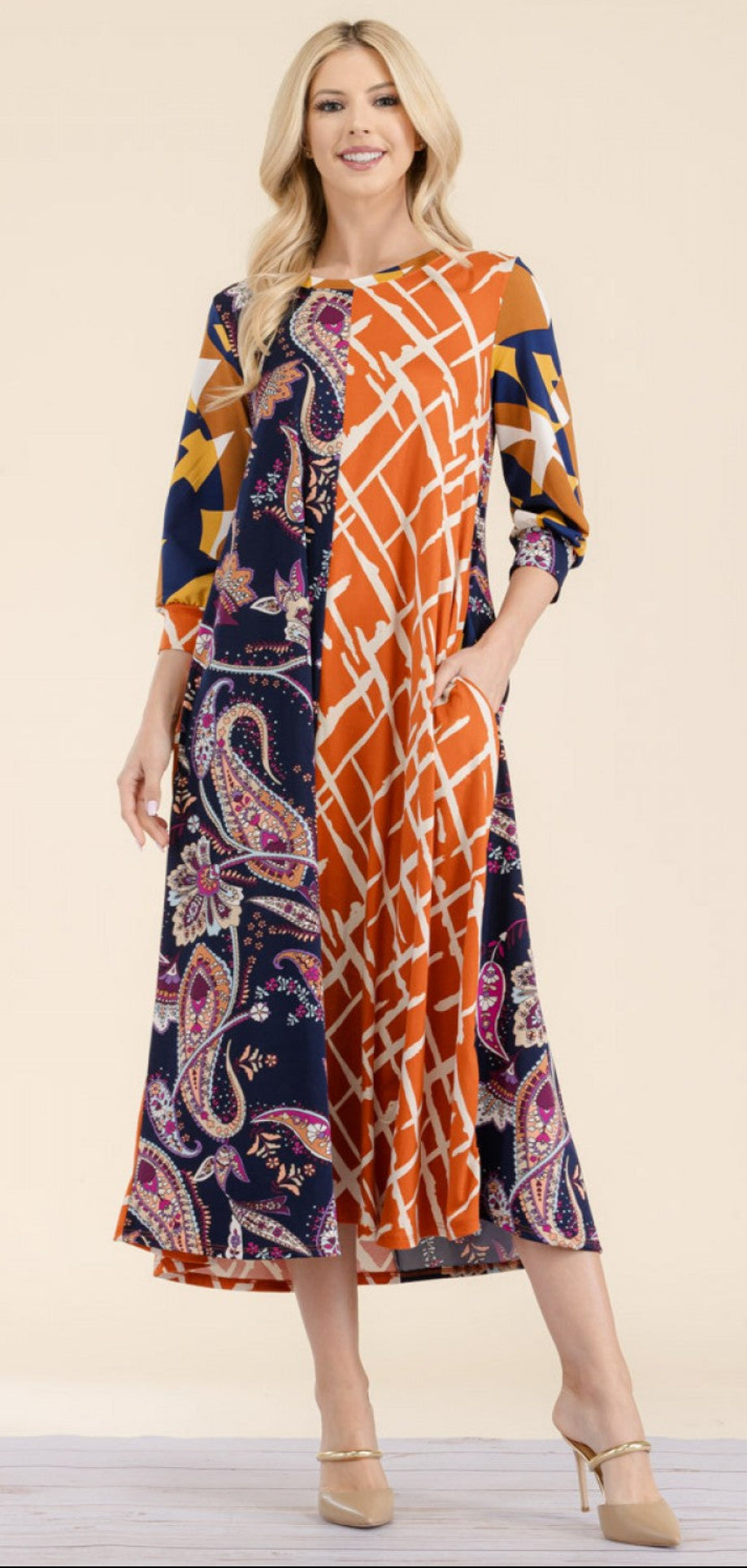 PAISLEY CONTRAST TENT MIDI-DRESS
