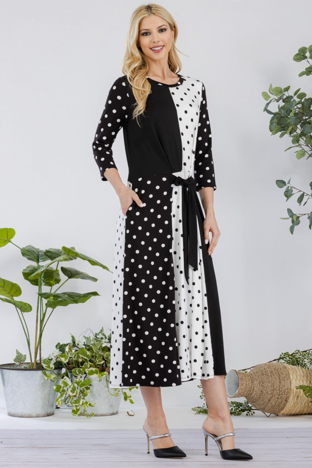 POLKA DOT 3/4 SLEEVE MIDI-DRESS