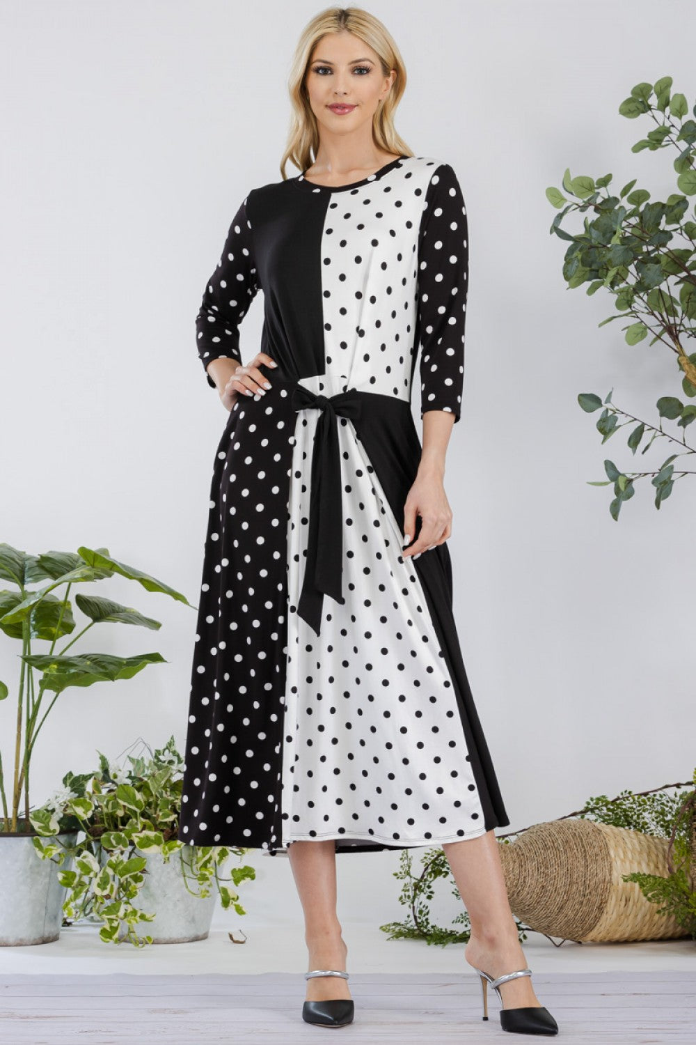 POLKA DOT 3/4 SLEEVE MIDI-DRESS