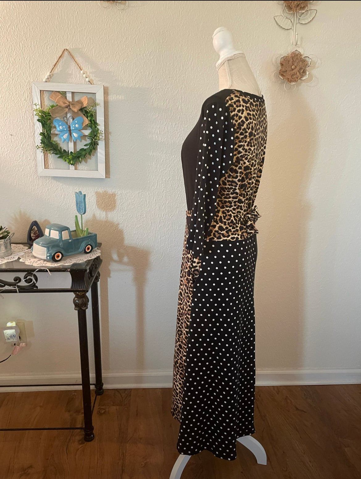 LEOPARD AND POLKA DOT MIDI-DRESS