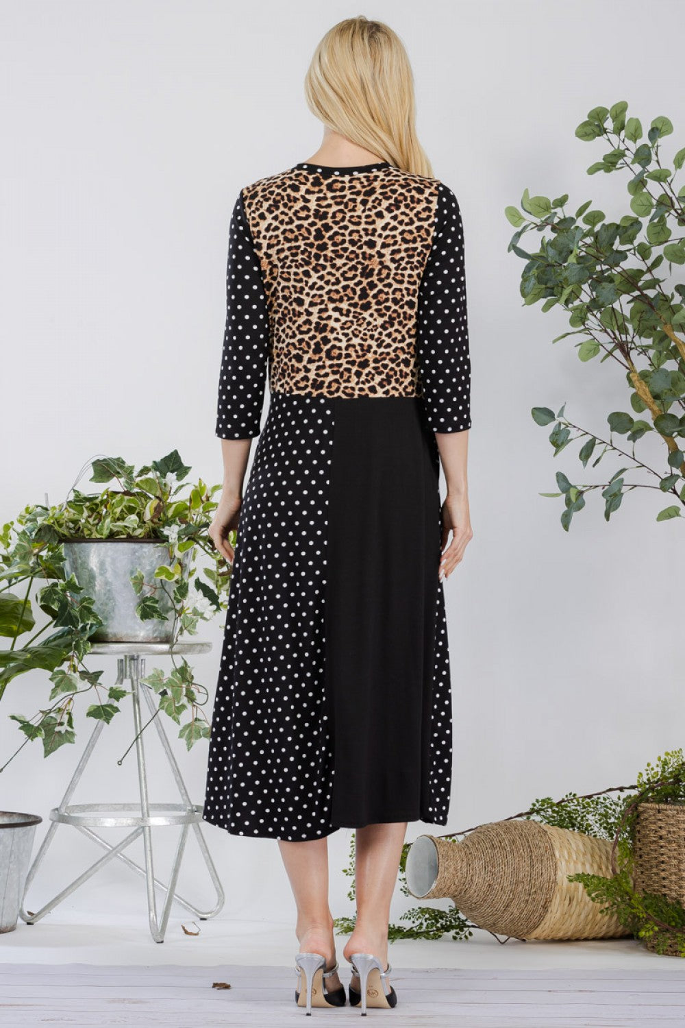 LEOPARD AND POLKA DOT MIDI-DRESS