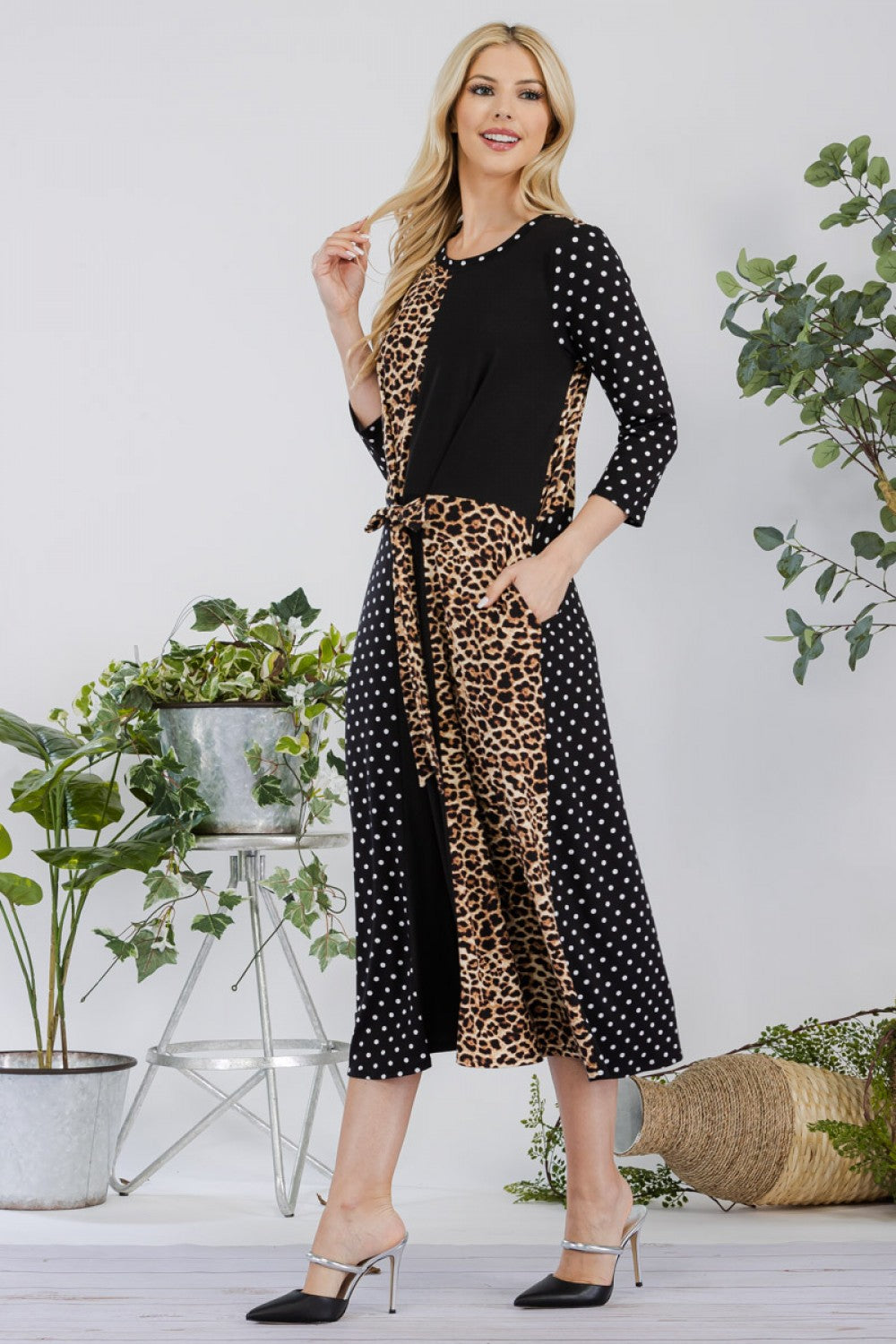 LEOPARD AND POLKA DOT MIDI-DRESS