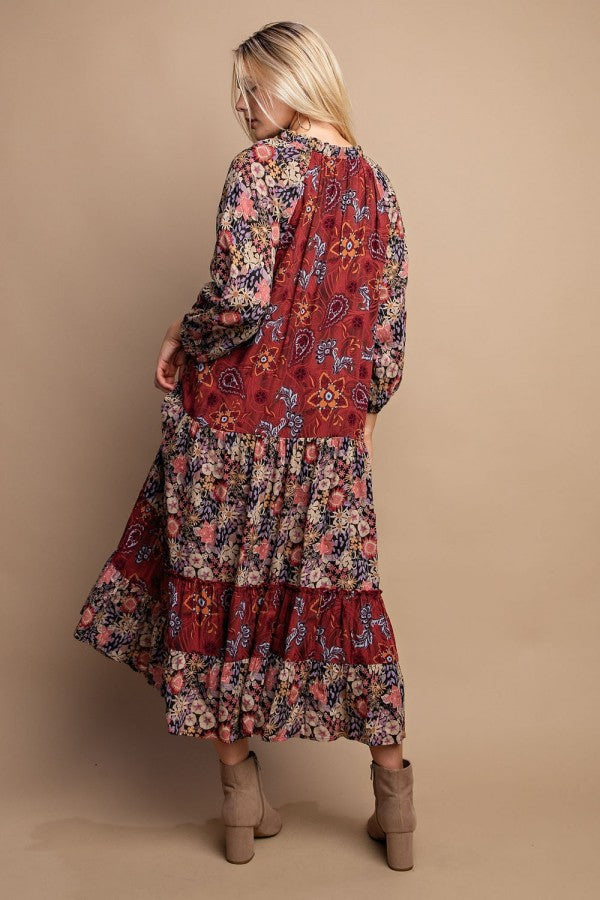 TIERED MIDI MIX PRINT DRESS