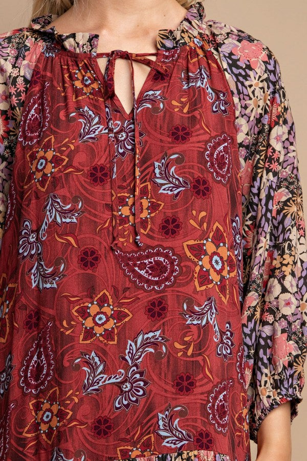 TIERED MIDI MIX PRINT DRESS