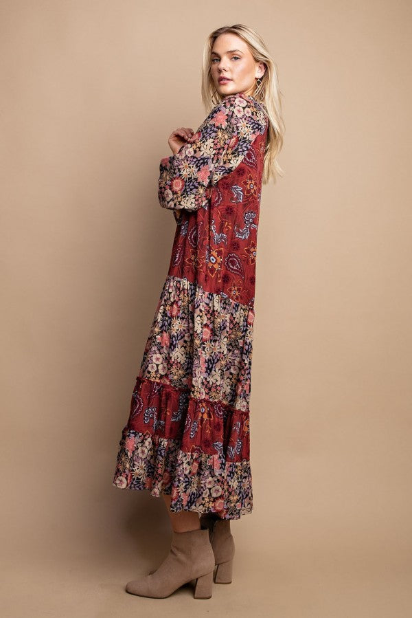 TIERED MIDI MIX PRINT DRESS