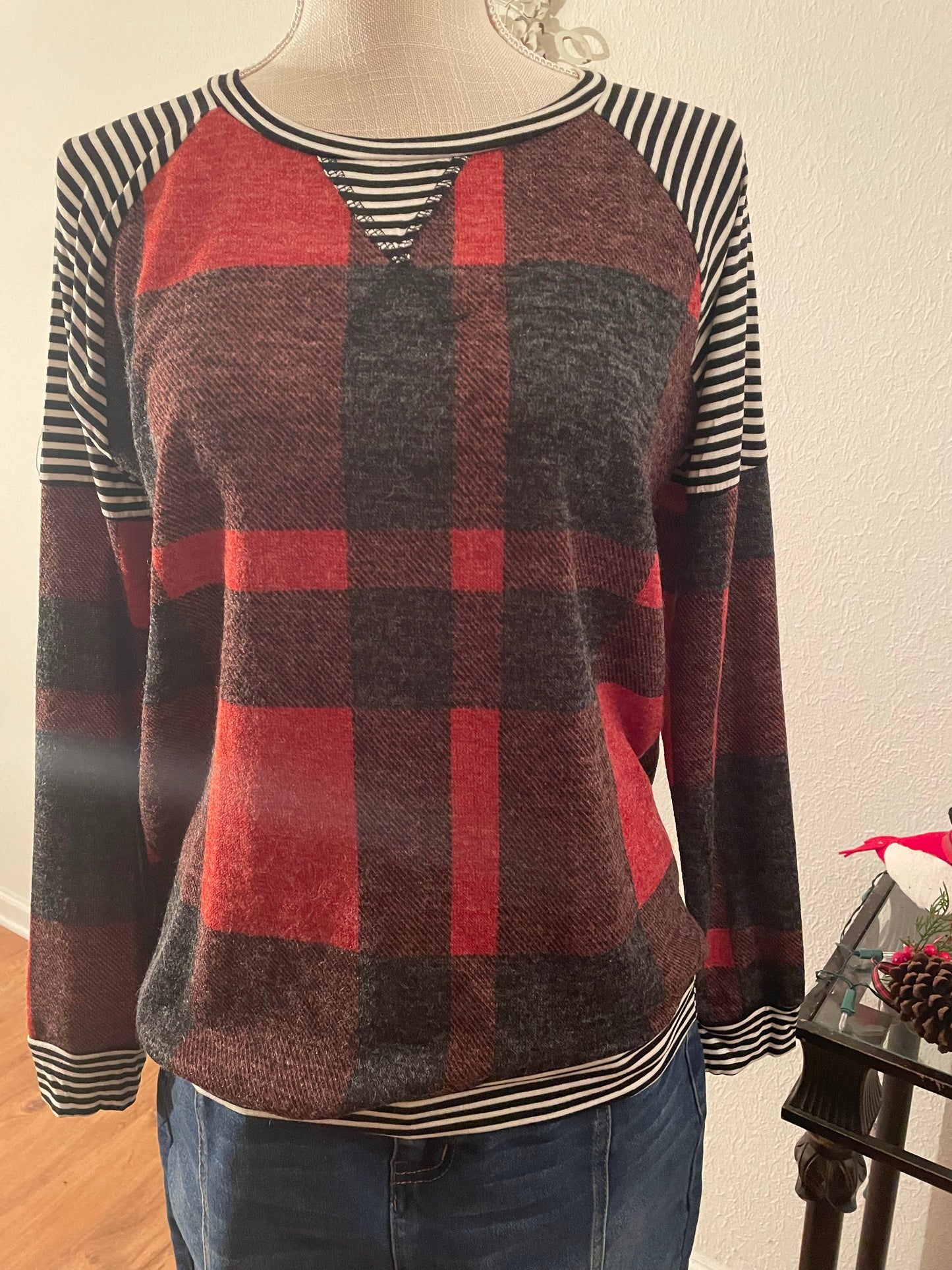 Mohair Brushed Plaid Print Sweatshirt