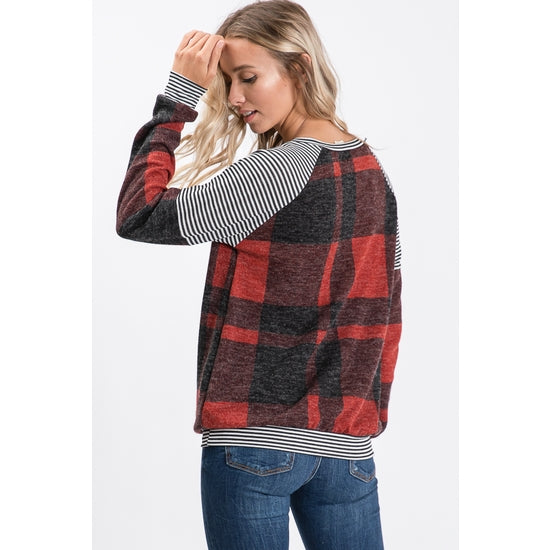 Mohair Brushed Plaid Print Sweatshirt