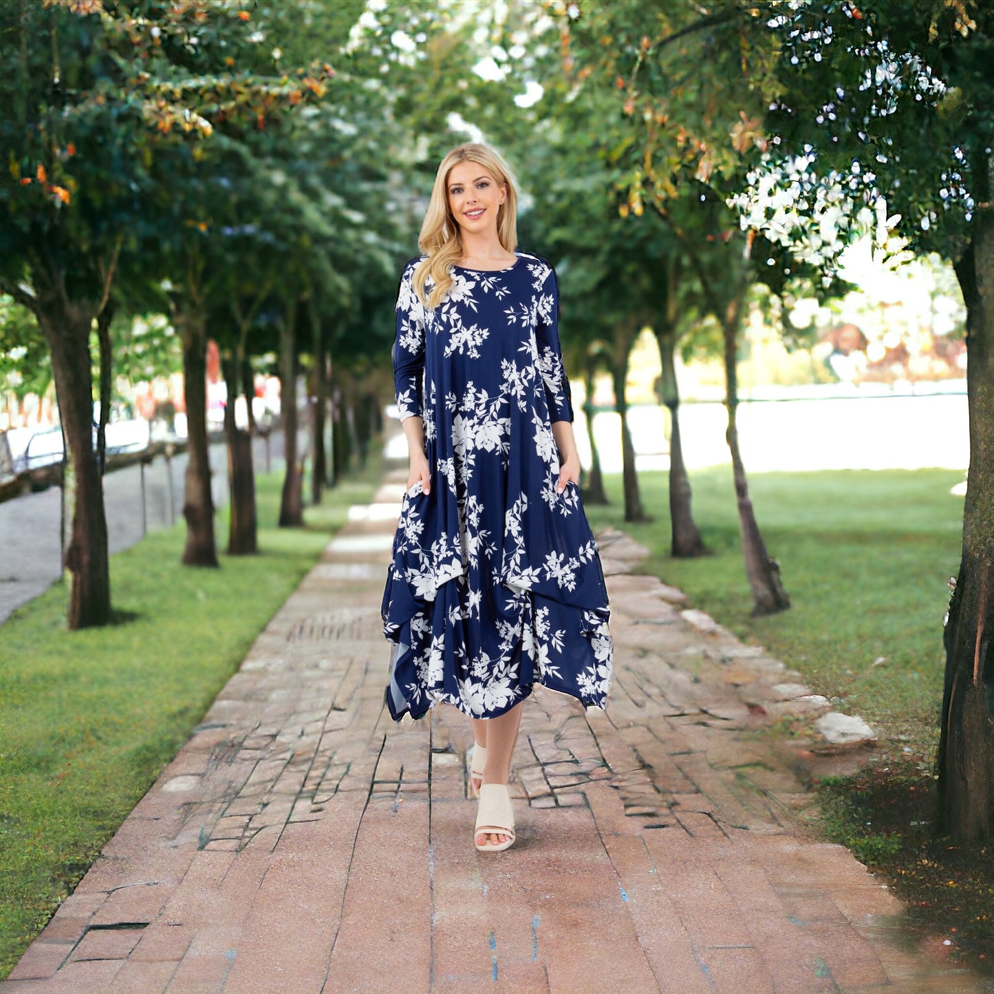 FLORAL LAYERED BOTTOM DRESS WITH POCKETS