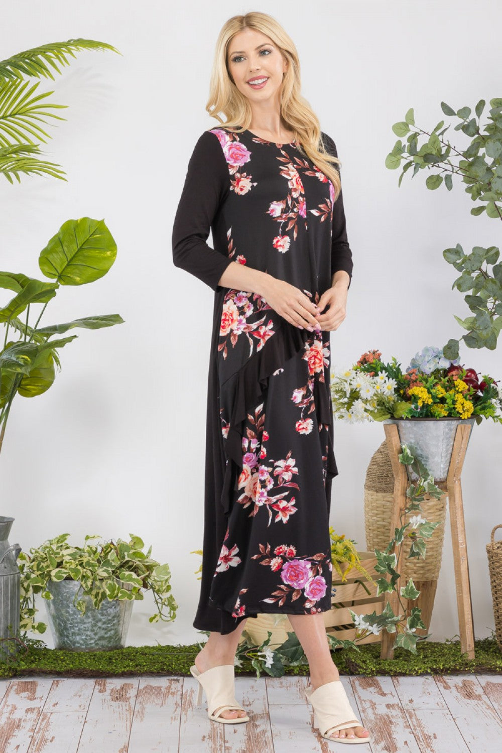 FLORAL CONTRAST MID-DRESS WITH RUFFLE DETAILS