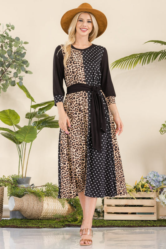 LEOPARD & POLKA DOT TENT MIDI-DRESS WITH TIE