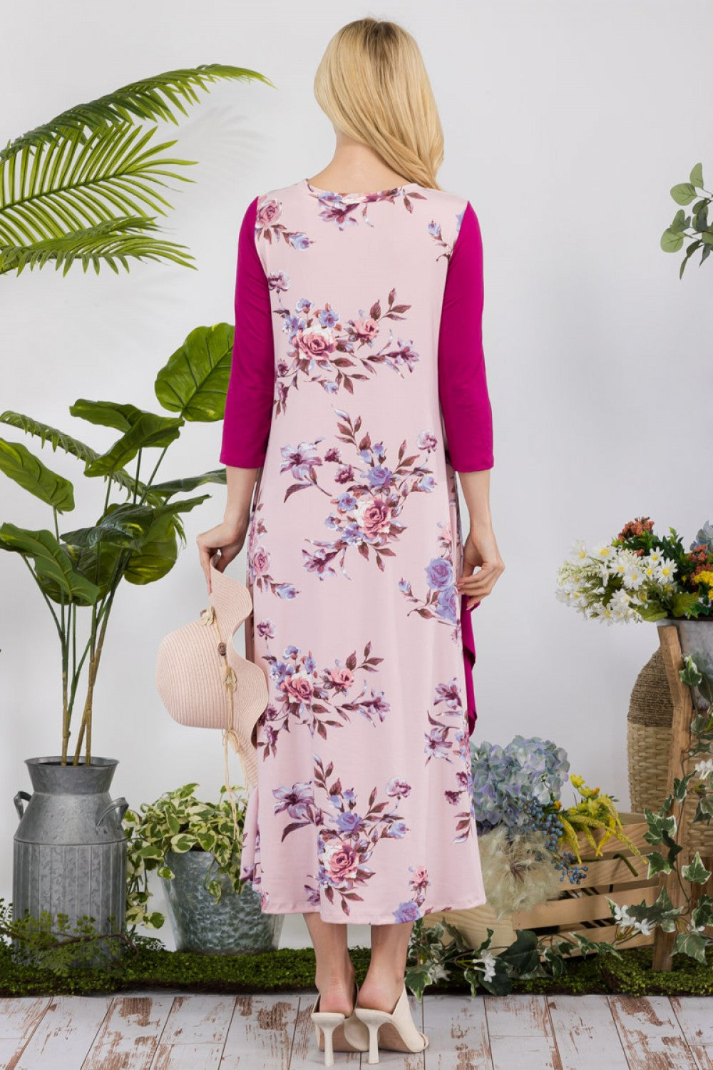 FLORAL CONTRAST MID-DRESS WITH RUFFLE DETAILS
