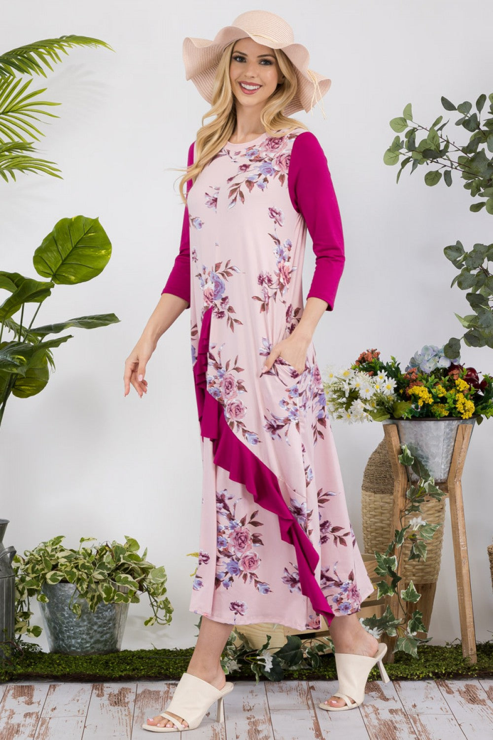 FLORAL CONTRAST MID-DRESS WITH RUFFLE DETAILS