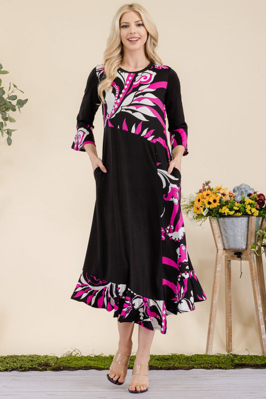 FLORAL CONTRAST EMPIRE MIDI-DRESS WITH 3/4 BELL SLEEVES