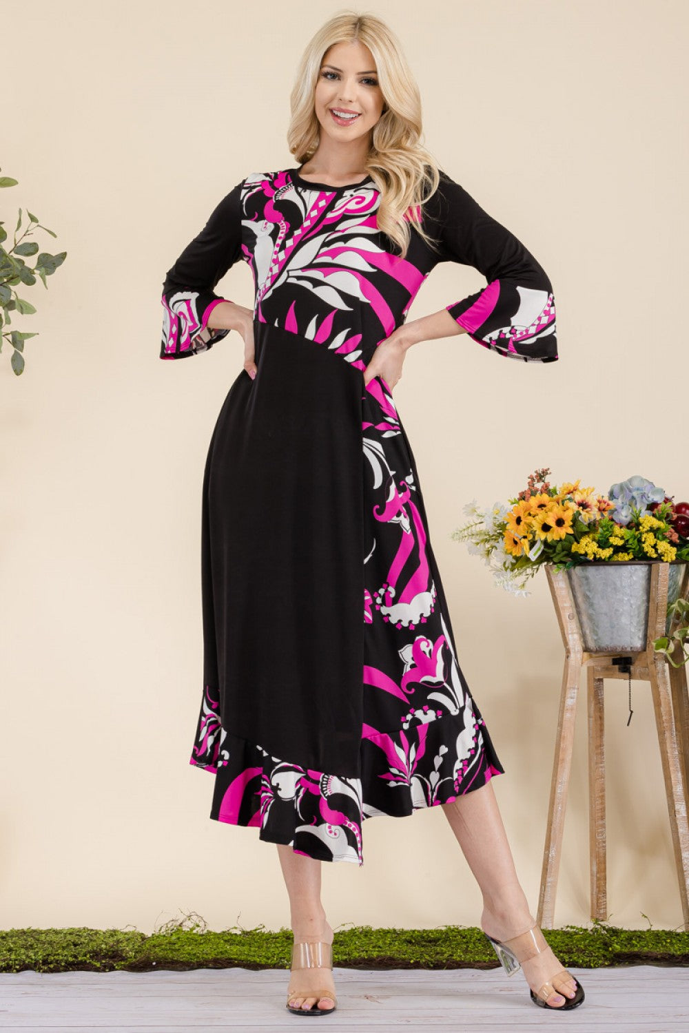 FLORAL CONTRAST EMPIRE MIDI-DRESS WITH 3/4 BELL SLEEVES