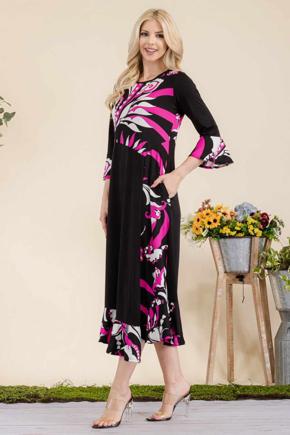 FLORAL CONTRAST EMPIRE MIDI-DRESS WITH 3/4 BELL SLEEVES