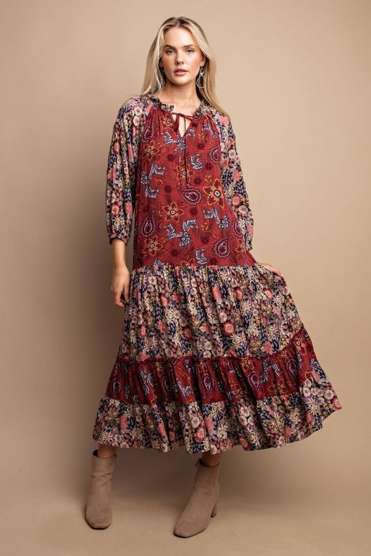 TIERED MIDI MIX PRINT DRESS