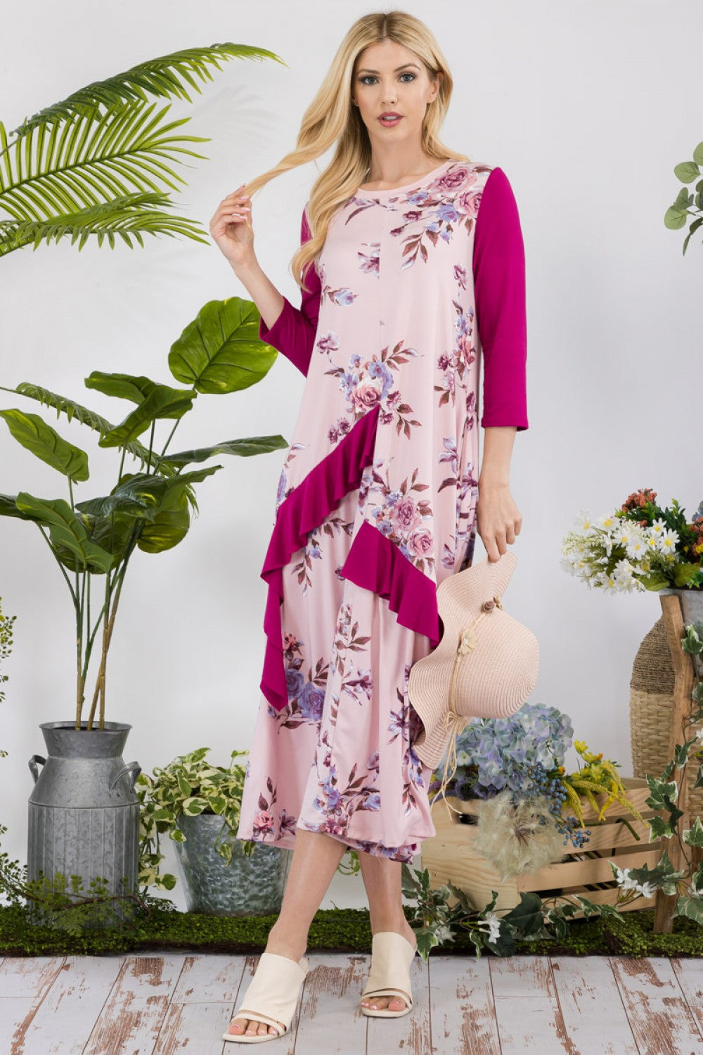 FLORAL CONTRAST MID-DRESS WITH RUFFLE DETAILS