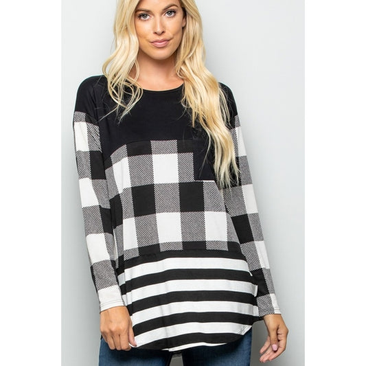 Plaid and stripe print contrast top