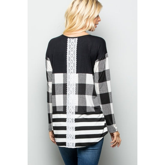 Plaid and stripe print contrast top