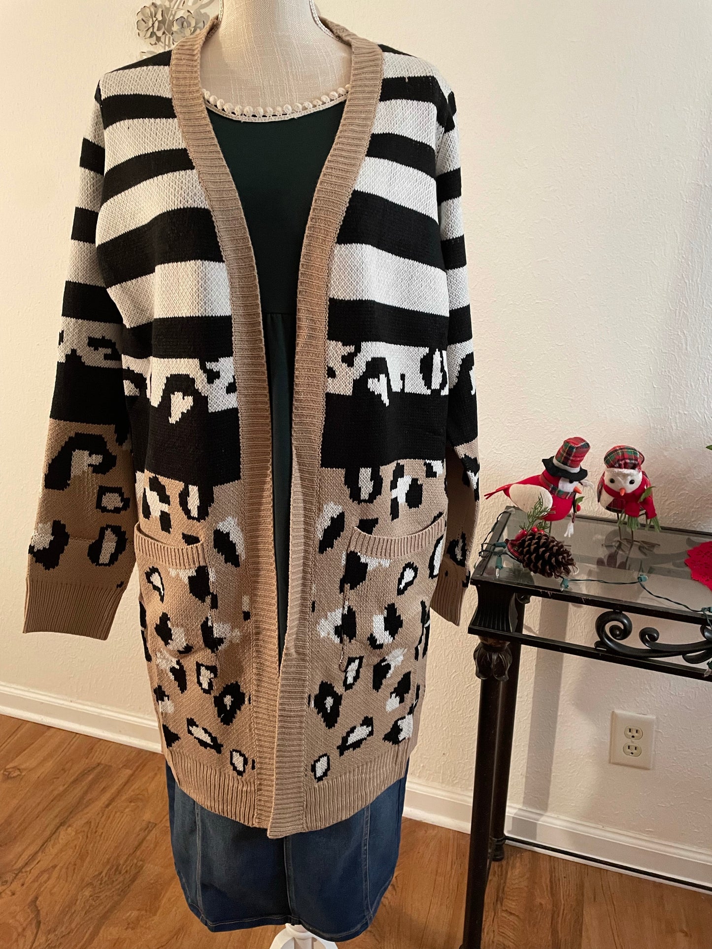 Stripe and leopard animal print sweater cardigan