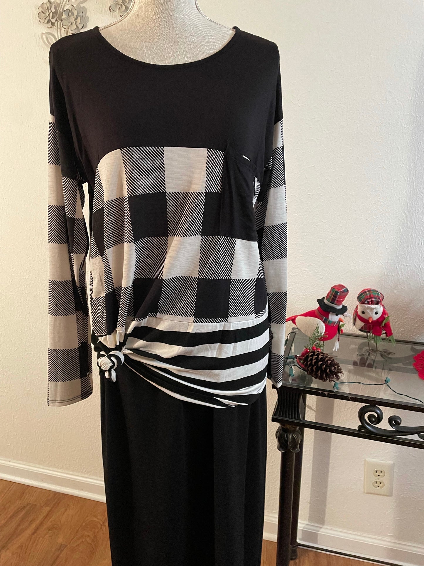 Plaid and stripe print contrast top