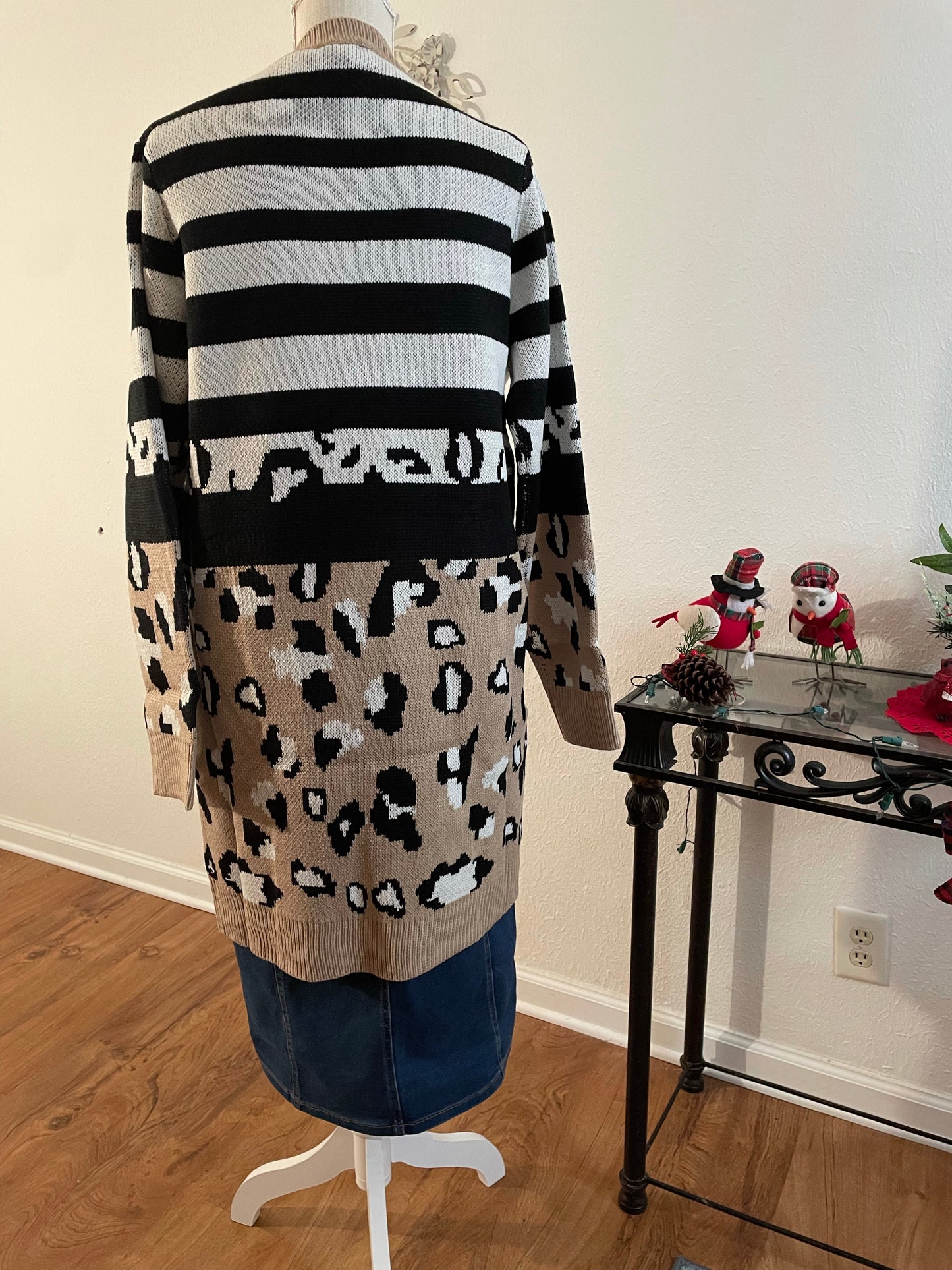 Stripe and leopard animal print sweater cardigan