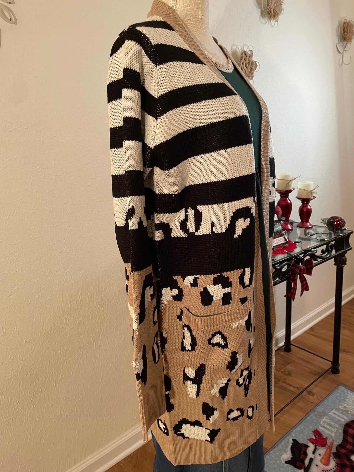 Stripe and leopard animal print sweater cardigan