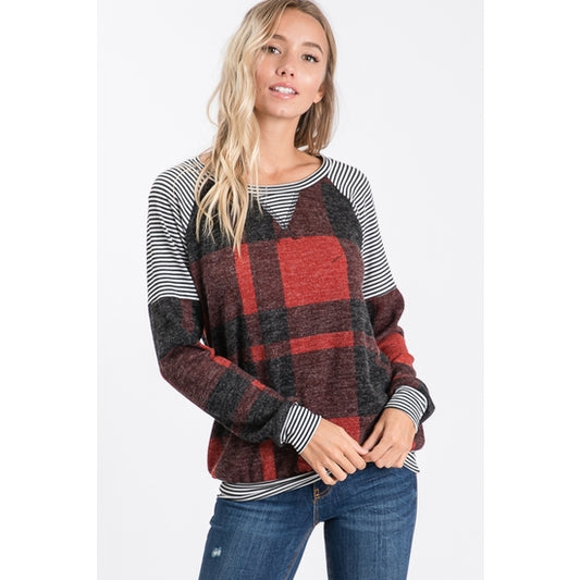 Mohair Brushed Plaid Print Sweatshirt